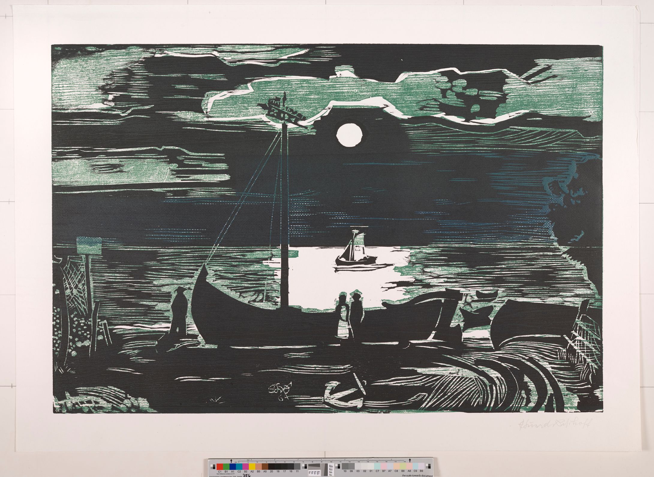 Abstraktes Bildmotiv einer nächtlichen Meereslandschaft mit einem Schiff. Ein Paar und eine weitere Person stehen an dem Schiff.