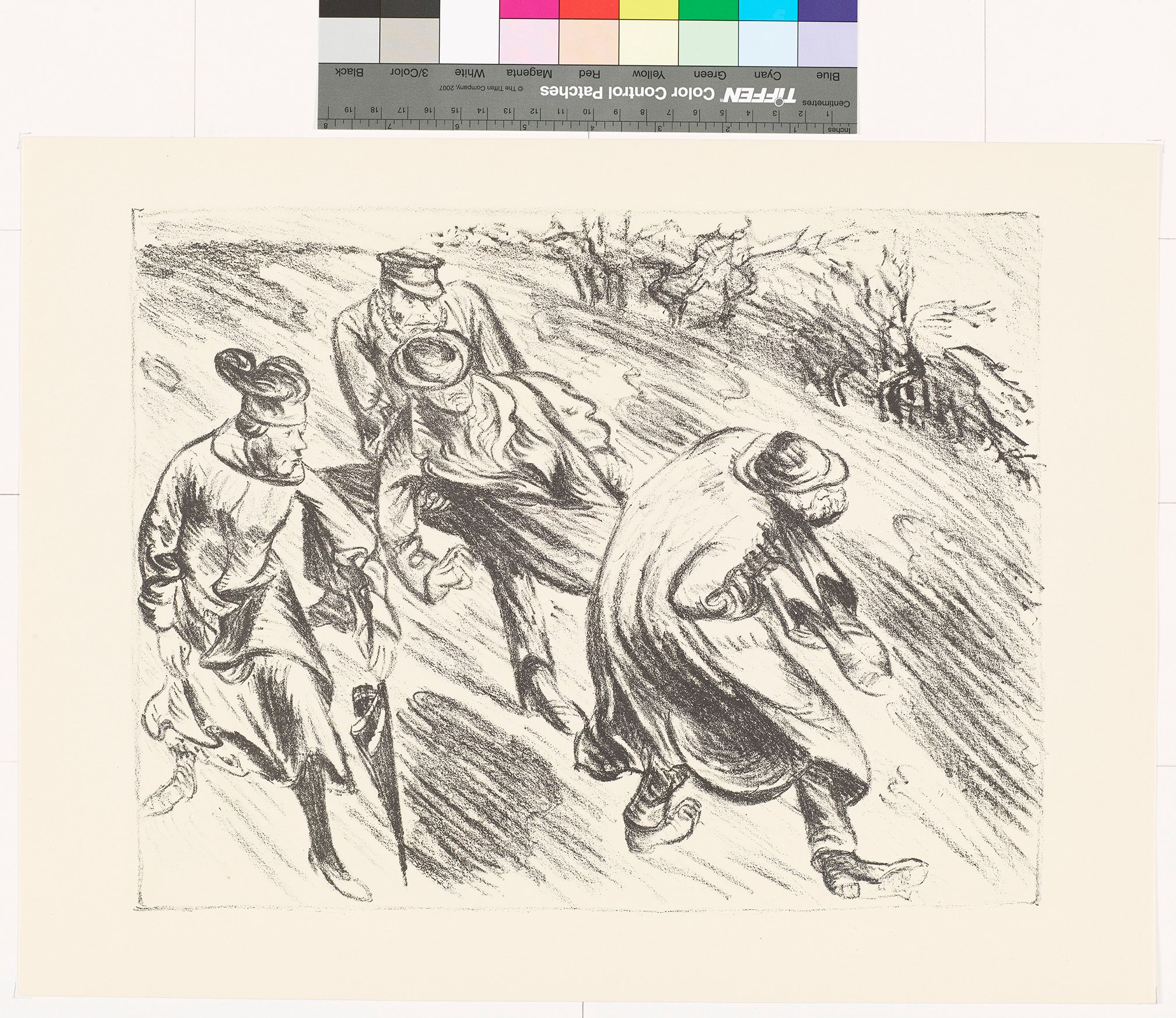 Skizze. Zwei Männer tragen einen Mann den Berg runter. Links ist ein weiterer Mann mit einem geschlossenen Regenschirm. Alle sind im Anzug.