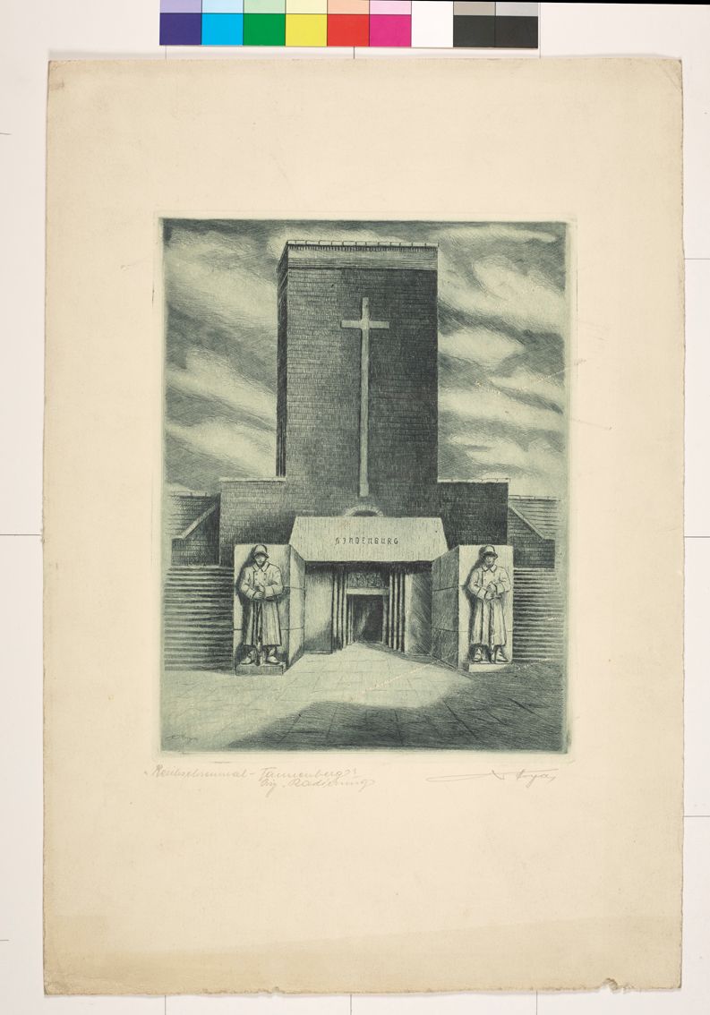 Radierung. Reichsehrenmal Fassade. Zwei Skulpturen flankieren den Eingang. ein großes Kreuz über dem Eingang.