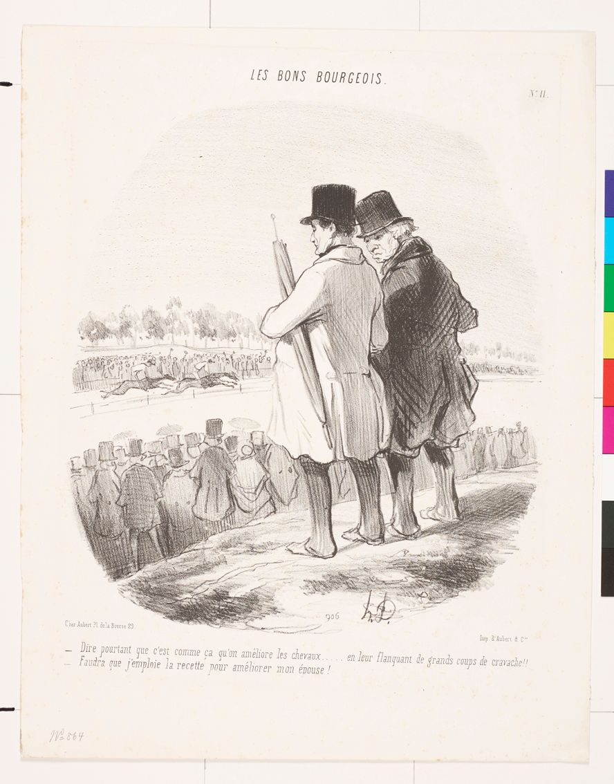 Zeichnung. Zwei Männer, die auf einem Hügel stehen und ein Pferderennen beobachten. Vor ihnen steht eine Menschenmenge.