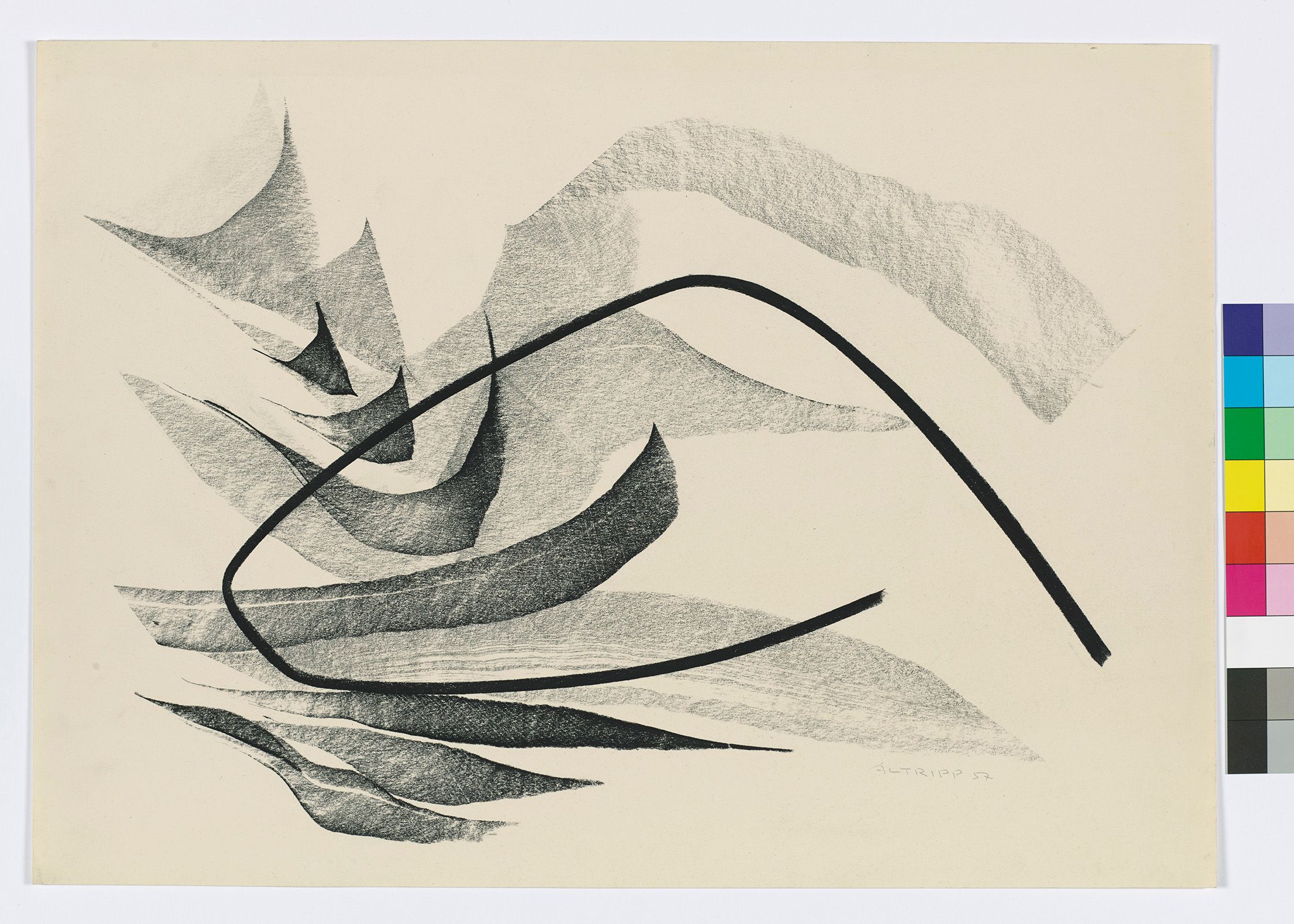 Abstraktes Bildmotiv mit runden und dreieckigen Formen.