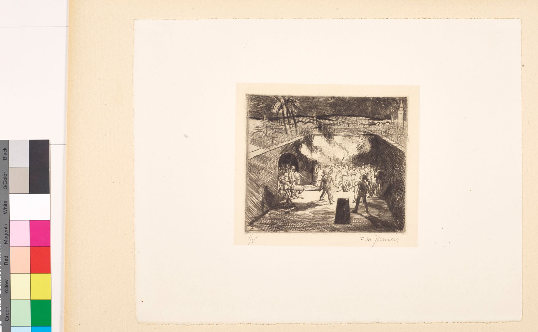 Zeichnung. Eine Grube mit einem Grab. Soldaten, die eine Leiche tragen.