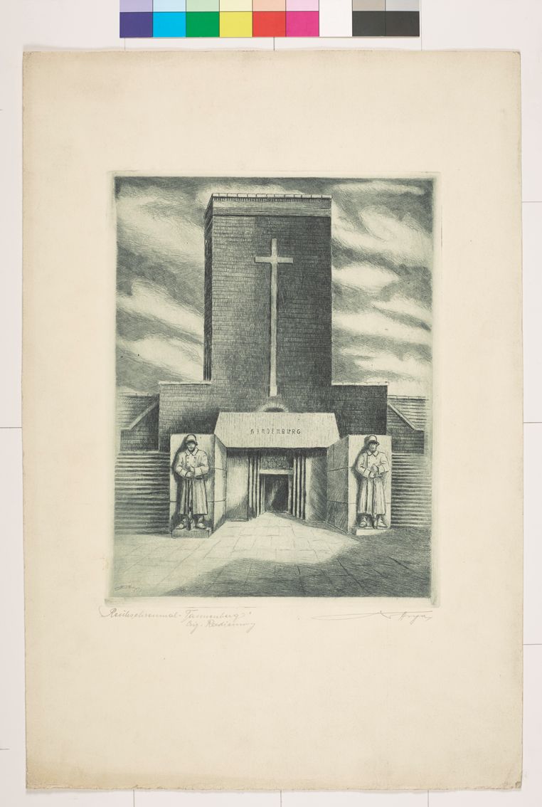 Radierung. Reichsehrenmal Fassade. Zwei Skulpturen flankieren den Eingang. ein großes Kreuz über dem Eingang.