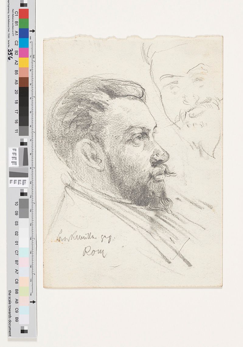 Zeichnung eines Mannes. Der Mann ist sowohl im seitlichen Profil als auch von vorne zu sehen. Er har kurze Haare und einen Bart. 