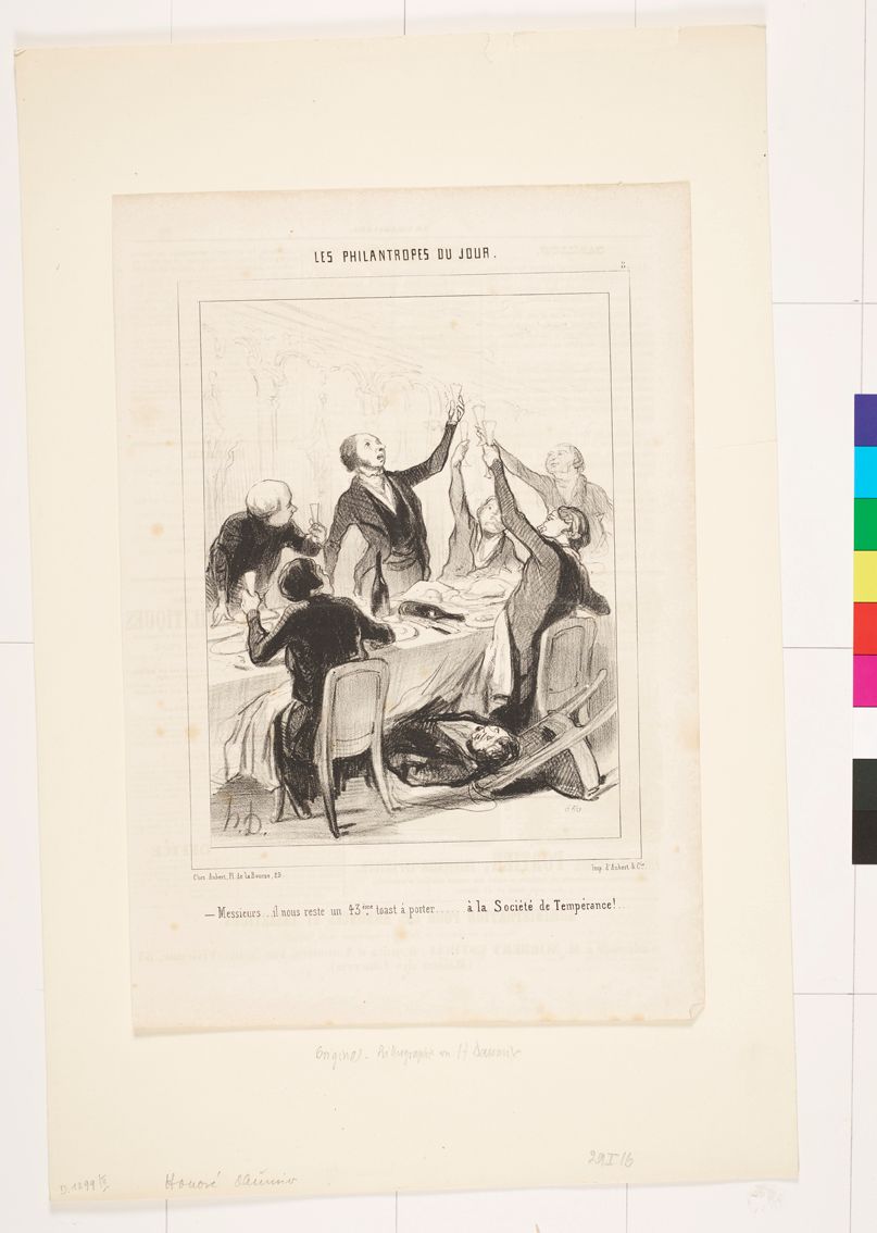 Zeichnung von sechs Männern beim Anstoßen. Alle haben feine Anzüge an uns halten die Gläser in die Luft. Ein Mann liegt auf dem Boden unter dem Tisch.