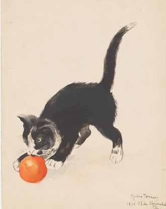 Aquarell. Eine kleine, schwarze Katze spielt mit einem orangenem Ball.