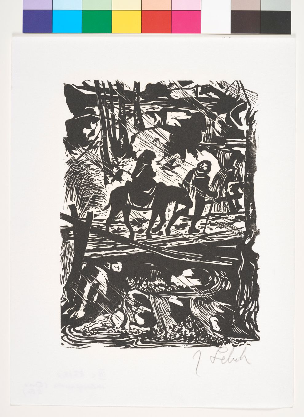 Maria auf einem Esel und Josef überqueren umtost von Wind eine Holzbrücke über eine Wildbach.