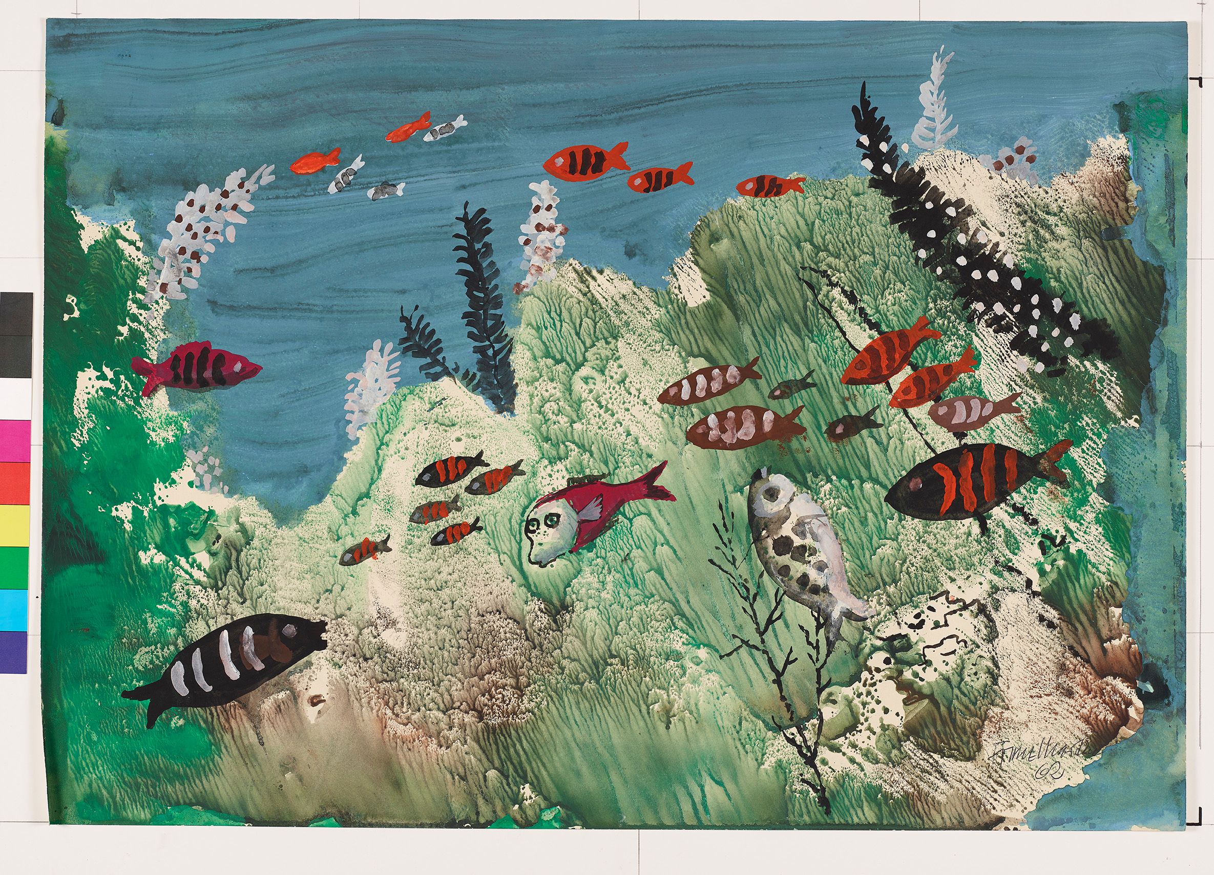 Eine Unterwasserszene mit verschiedenen Fischarten vor einem Riff mit Korallen und Seepflanzen.