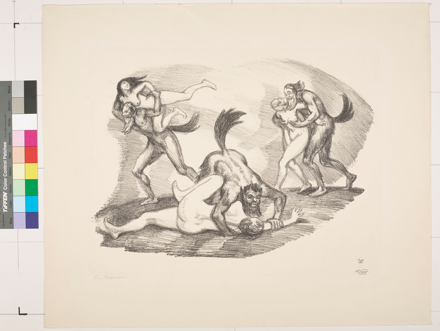 Zeichnung. Drei Teufel, die drei Frauen belästigen, angreifen und entführen.