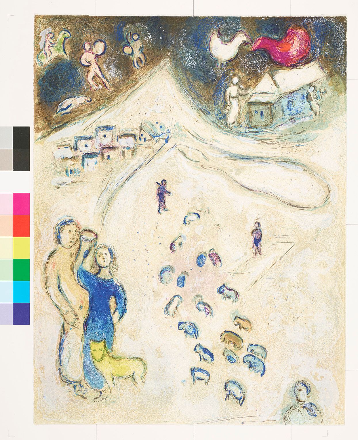 Abstraktes Bildmotiv. Am unteren linken Bildrand stehen eine Frau, ein Mann und ein Tier. Im Hintergrund ist eine Herde, ein Hirte, ein Dorf und ein spitzer Hügel.