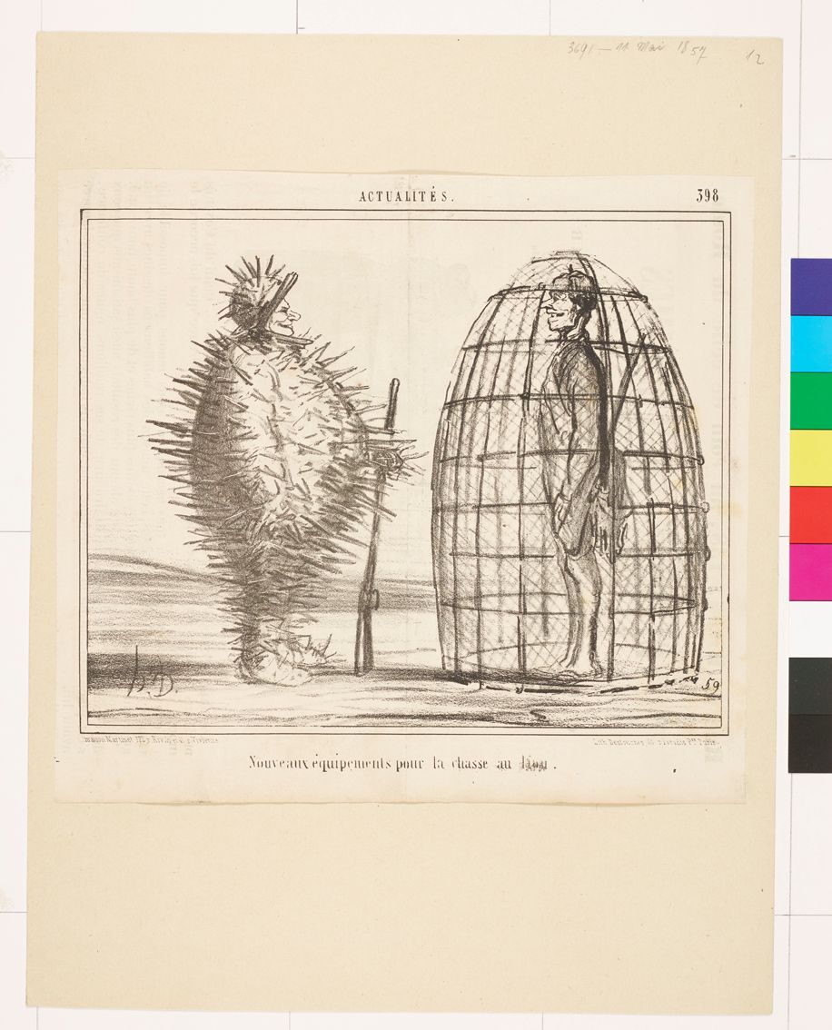 Zeichnung. Auf der linken Bildhälfte steht sein Mann seitlich mit einem Gewehr in der Hand. Er hat eine stachelige Rüstung an. Auf der rechten Bildhälfte steht ihm ein Mann in einem Käfig gegenüber. Er hat auch ein Gewehr.