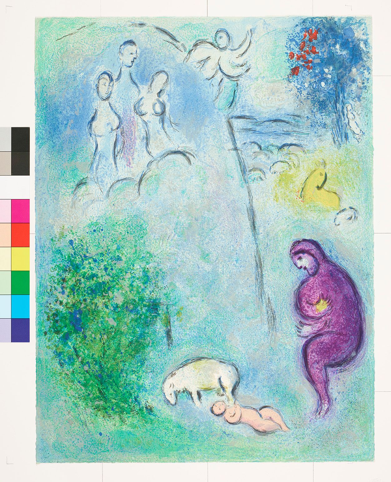 Abstraktes Bildmotiv. Eine Person, in lila, liegt neben einer Ziege und einem Baby. Über ihnen sind auf der linken Seite drei Personen. Und auf der rechten Seite ein Engel und eine Person an einem Baum. 