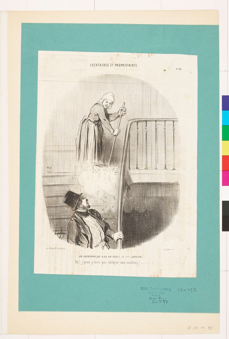Zeichnung. Eine Frau, die den Dreck die Treppe runter fegt. Ein Mann, der die Treppe runtersteigt.