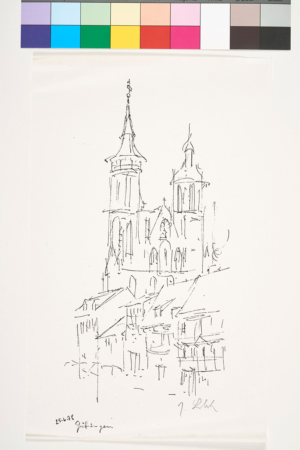 Schnelle Skizze eines Blicks über die Dächer der Stadt auf die St.-Johannis-Kirche im niedersächsischen Göttingen.