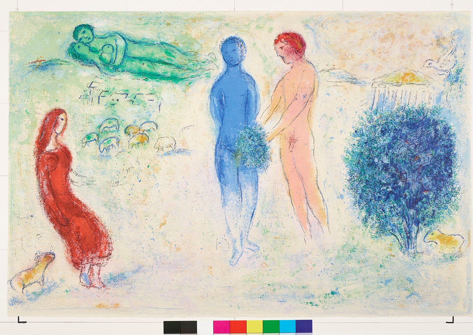 Abstraktes Bildmotiv. Am linken Bildrand sitzt eine Frau in einem roten Kleid. In der Mitte stehen zwei nackte Personen neben einem Busch. Am oberen linken Rand des Bildes, liegen zwei Personen nackt aufeinander.