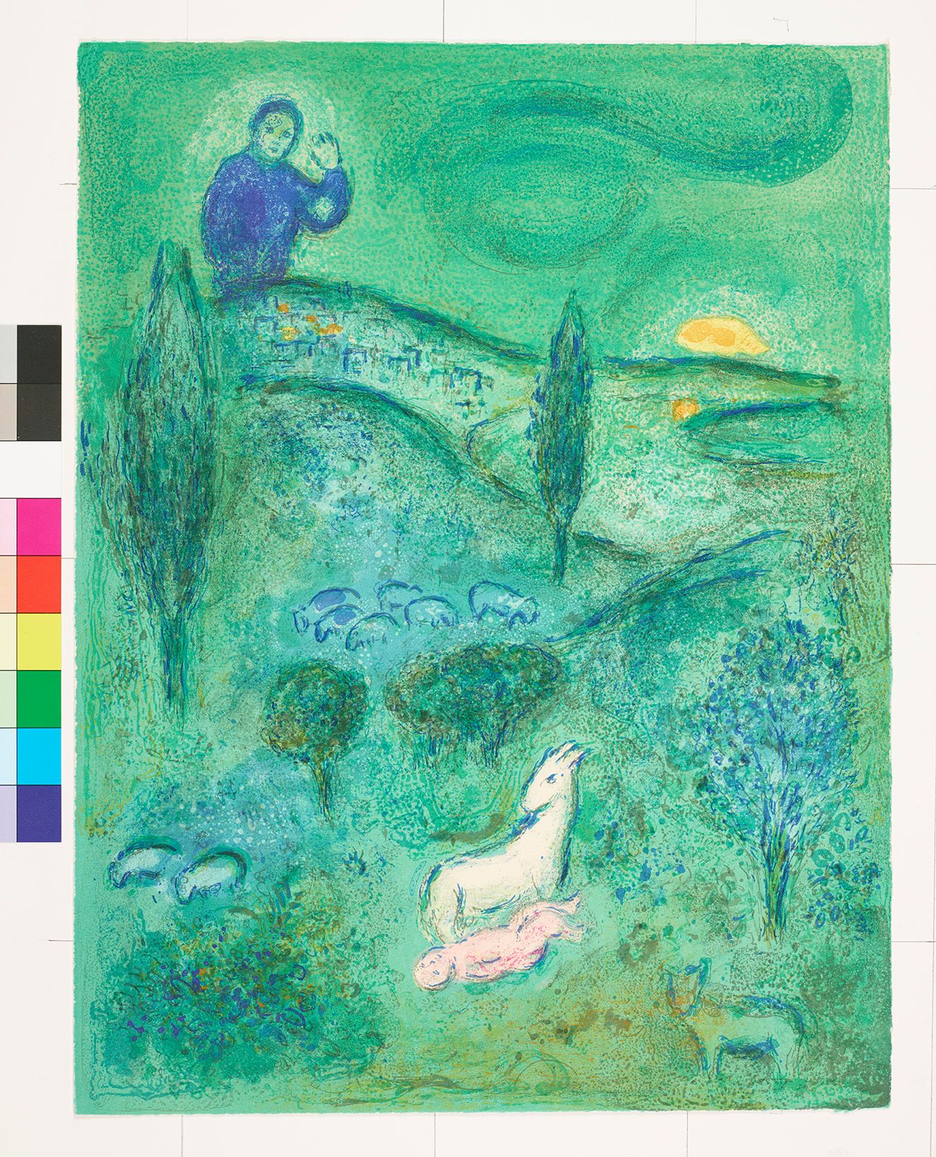 Abstraktes Bildmotiv. Ein hügeliges Gebirge mit einer Ziege und einem Baby. Links am oberen Bildrand steht eine winkende Person. 