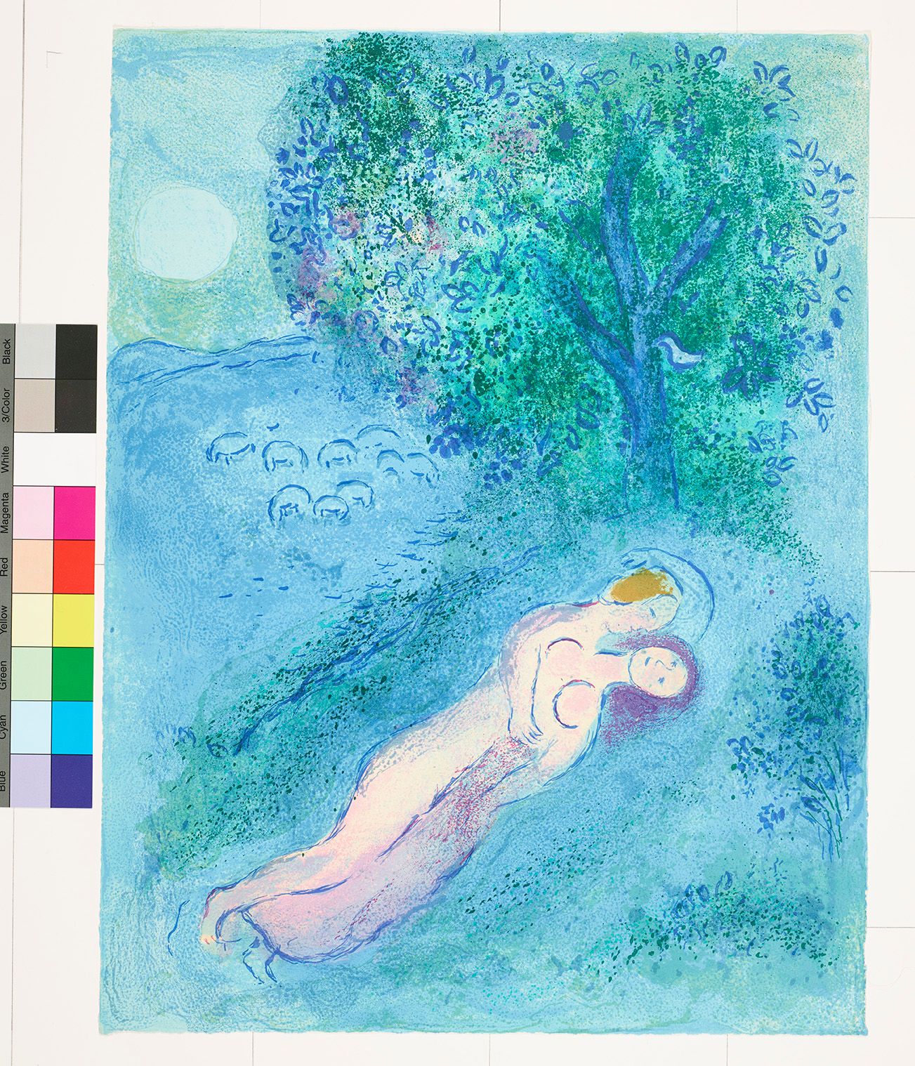 Abstraktes Bildmotiv von einem Mann und einer Frau, die nackt auf der Wiese liegen. Im Hintergrund ist ein großer Baum und eine Stadtaussicht. 