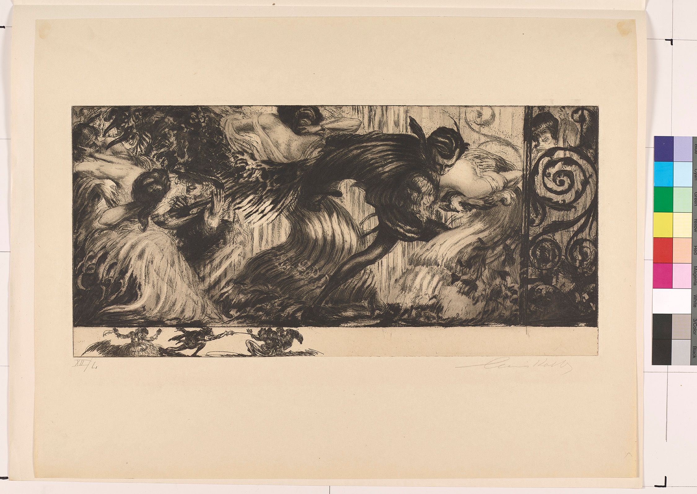 Umgebungen von Tänzerinnen und Geigerinnen in schwungvollen, wellenartigen Bewegungen drückt Don Juan den Körper einer Frau nach unten und drückt seinen Mund auf ihren Hals. Die Szene wird von einer weiteren Frau hinter einer Rocaille beobachtet.