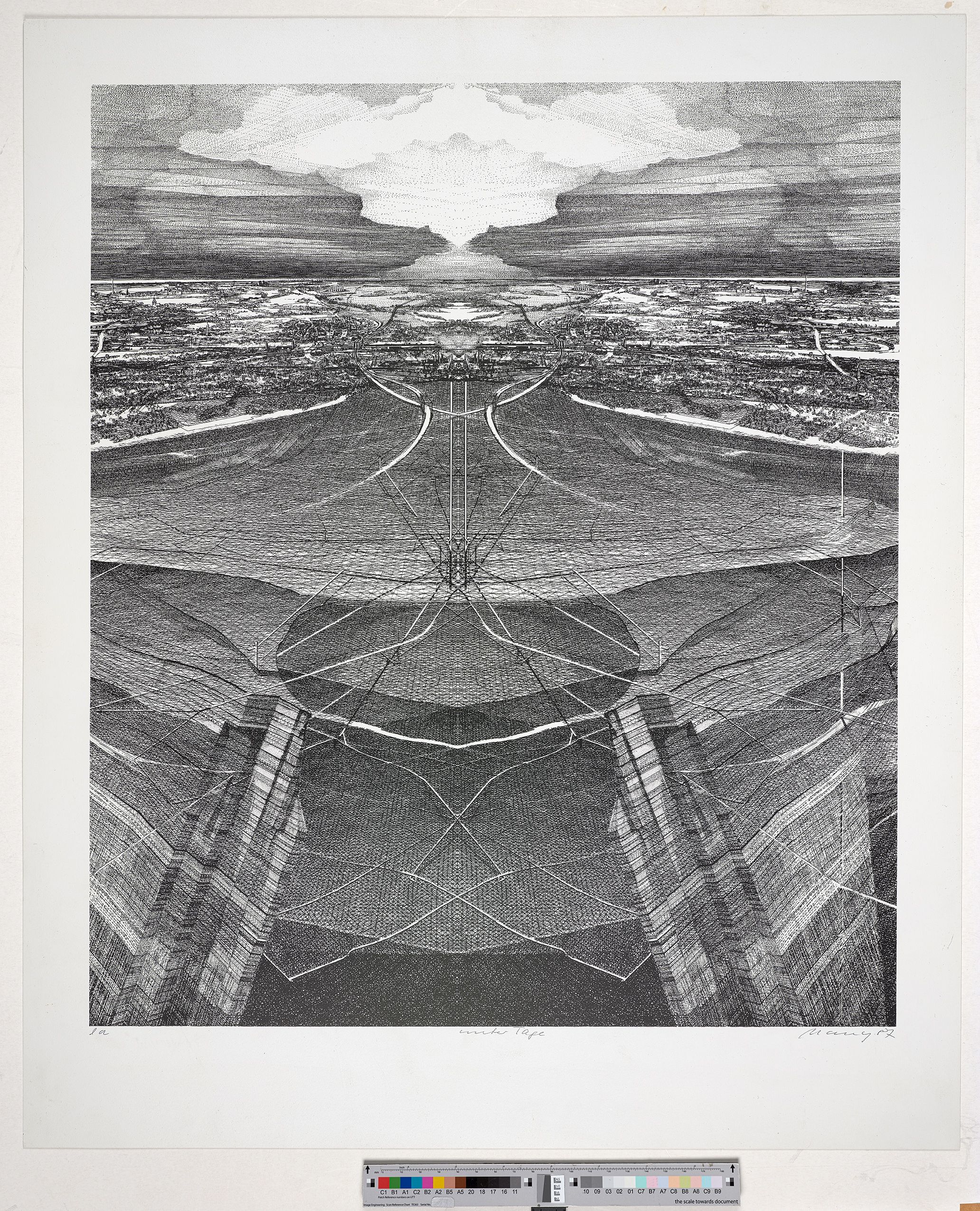 Schwarz-weiß Ansicht einer Landschaft sowie einer Durchsicht in unterirdische Erdschichten und Schächte.