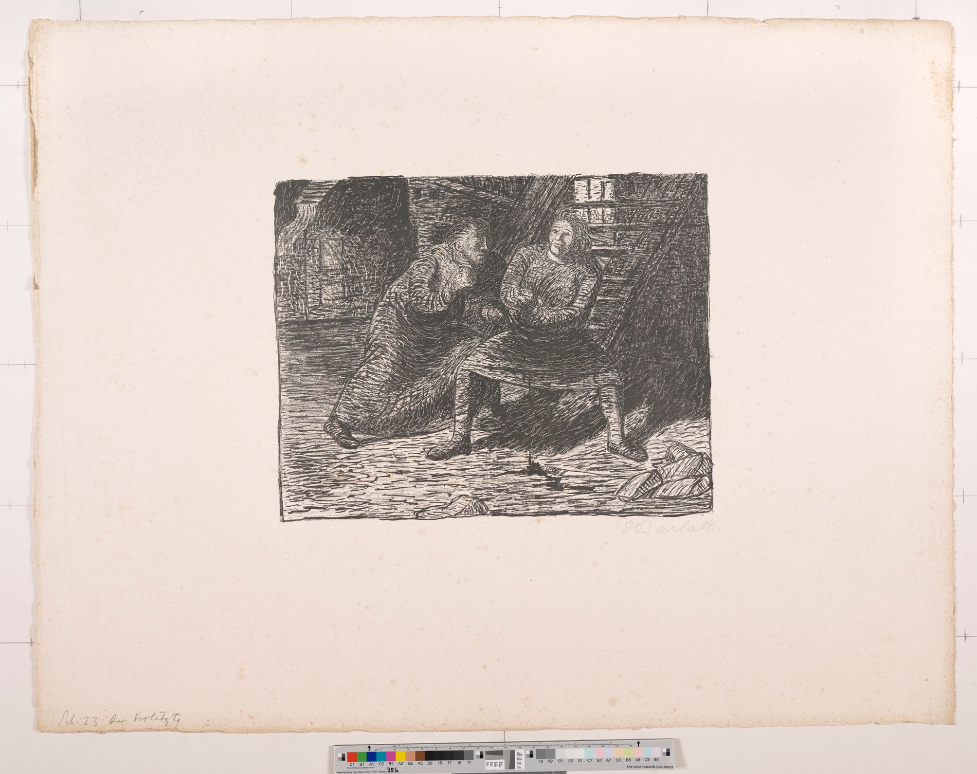 Zeichnung. Zwei sitzende auf einer Treppe Personen im Keller. Der rechte blutet am Arm. 