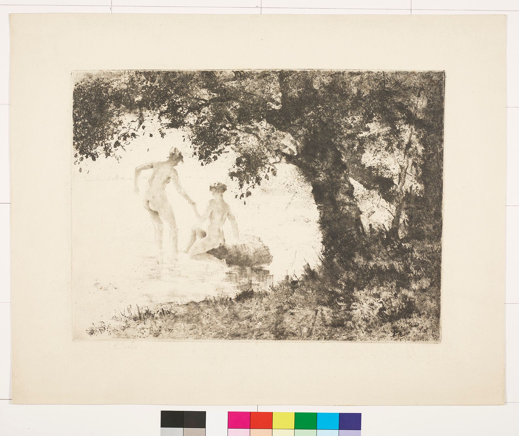 Zwei nackte Frauen im See. Links ist ein Wald.