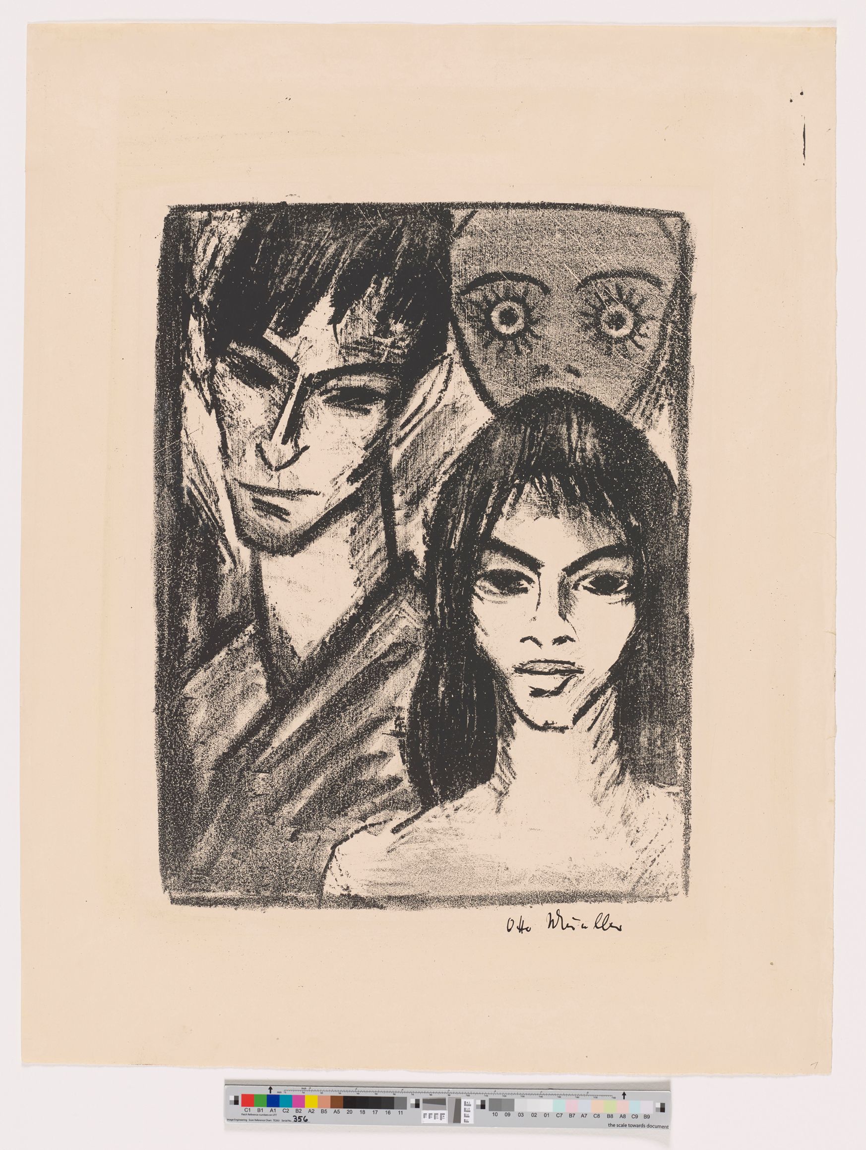 Otto Mueller zeigt sich Selbstbildnis auf der linken Seite im Dreiviertelprofil, rechts vor ihm blickt Maria Mayerhofer frontal auf die Betrachter. Hinter den beiden rechts oben eine Maske mit weit geöffneten, von umlaufenden Strichen gekränzten Augen.