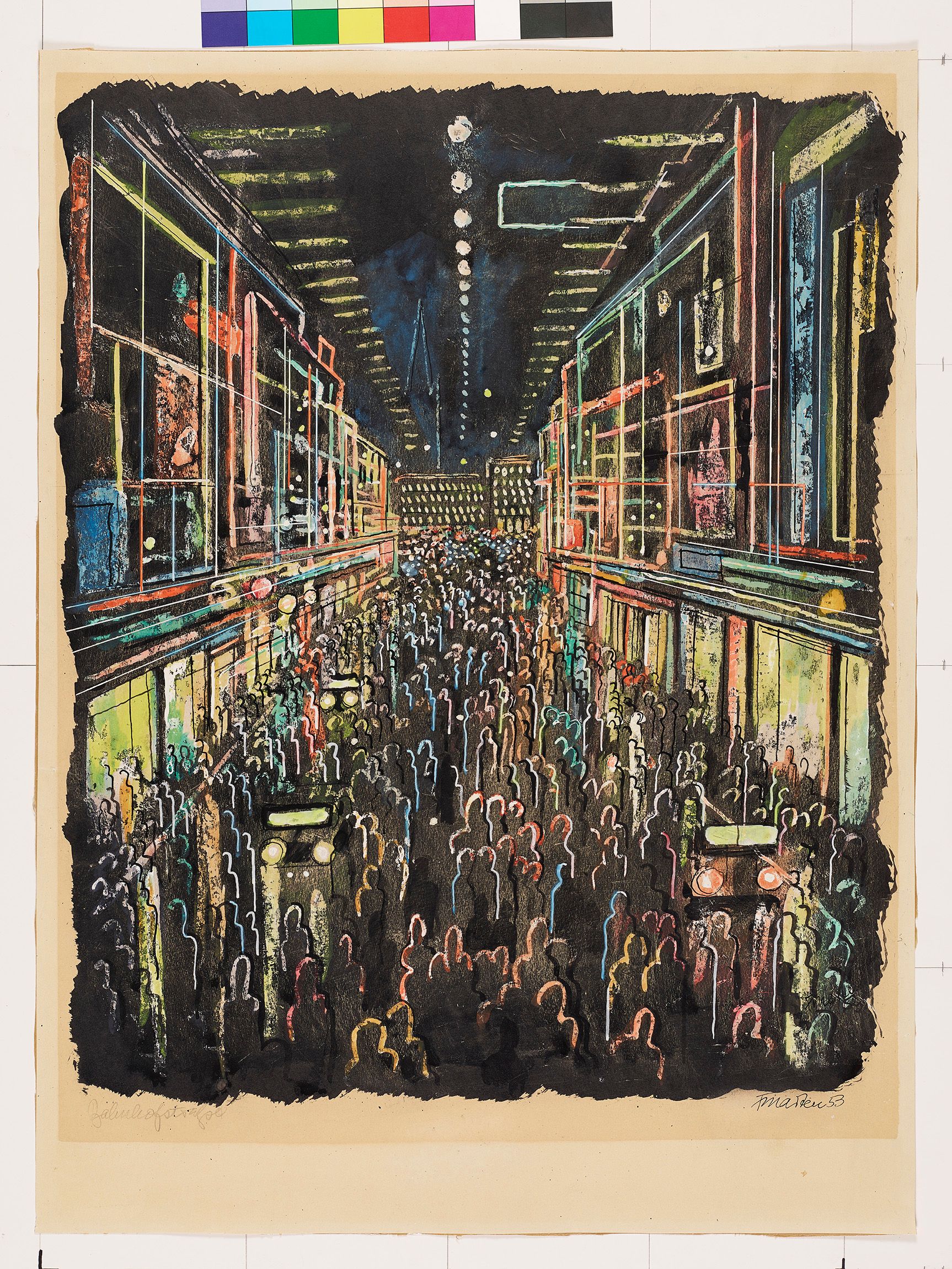 Blick durch die von bunten Lichtern erhellte und durch viele Menschen belebte Gelsenkirchener Bahnhofstraße auf die Sparkasse am Neumarktplatz im Hintergrund. Über der Straße ist weihnachtliche Beleuchtung gespannt.