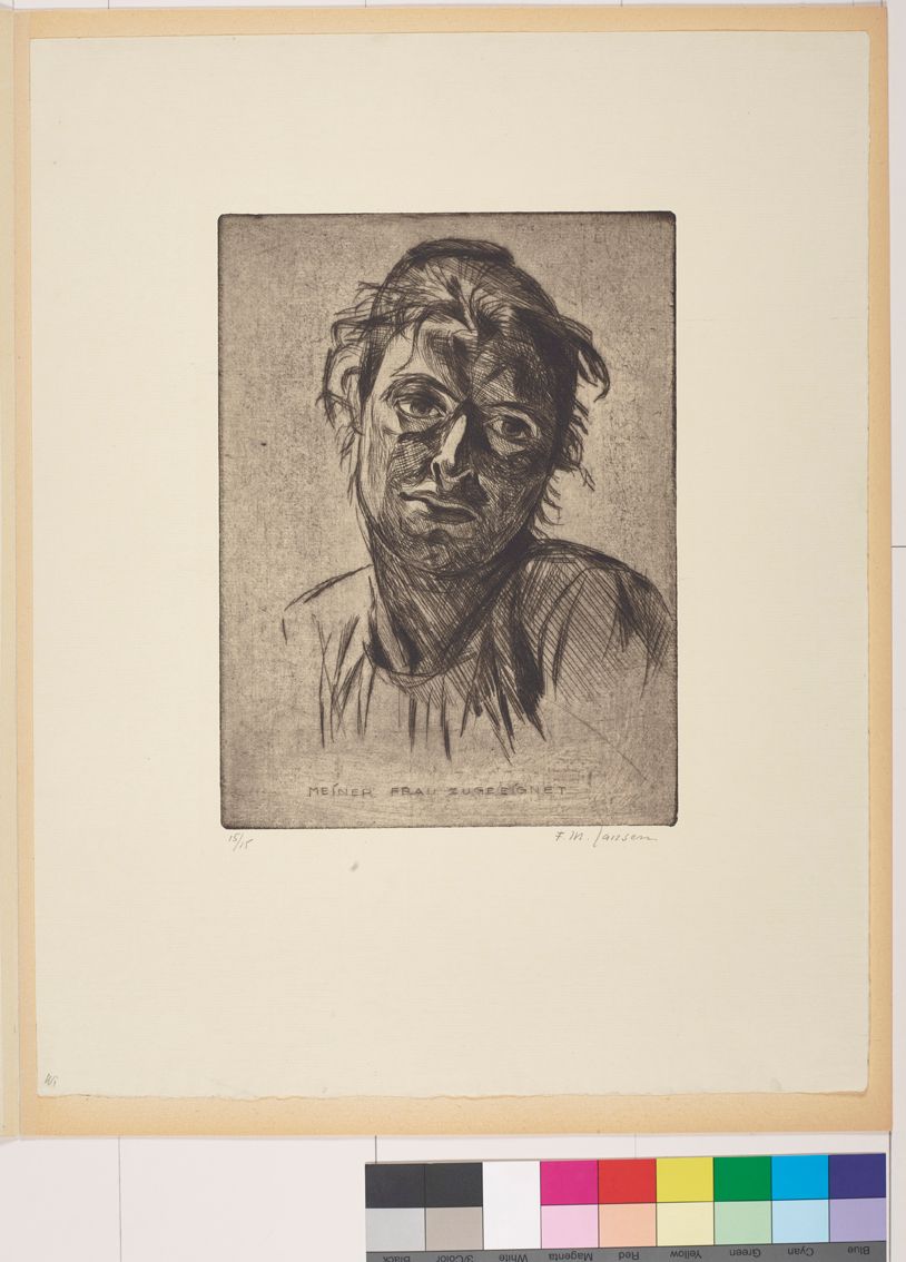 Portraitzeichnung einer Frau mit hochgesteckten Haaren.