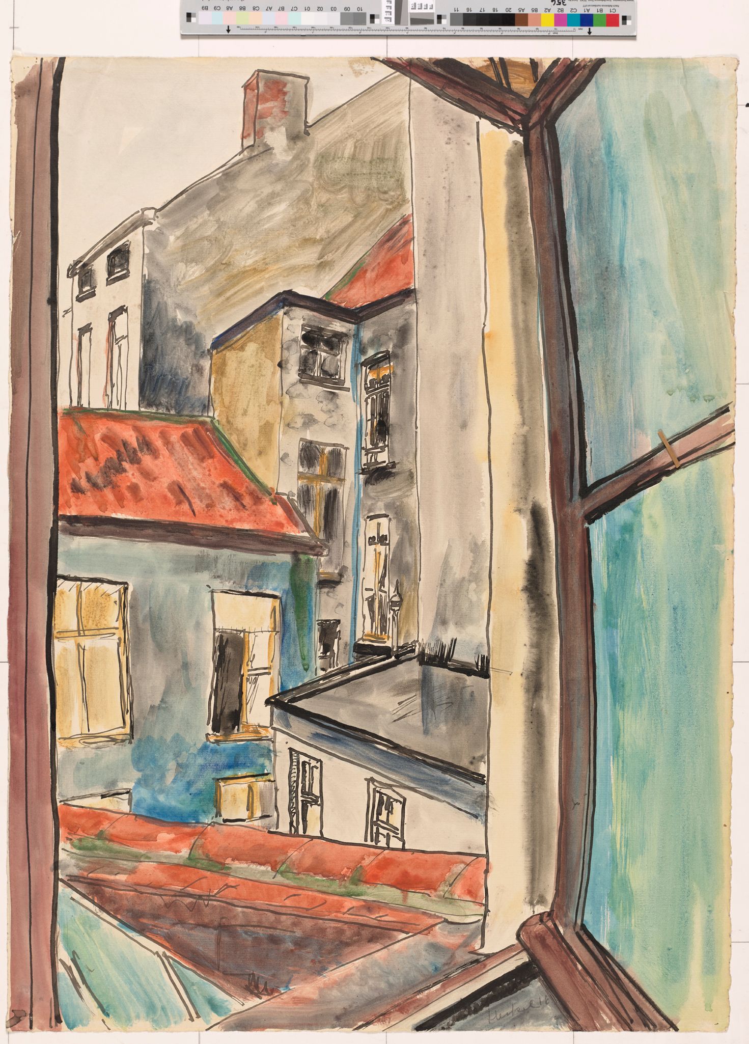 Abstrakte Darstellung. Fenster Aussicht auf Dächer und Häuser (Farben: blau, orange, braun, grau).