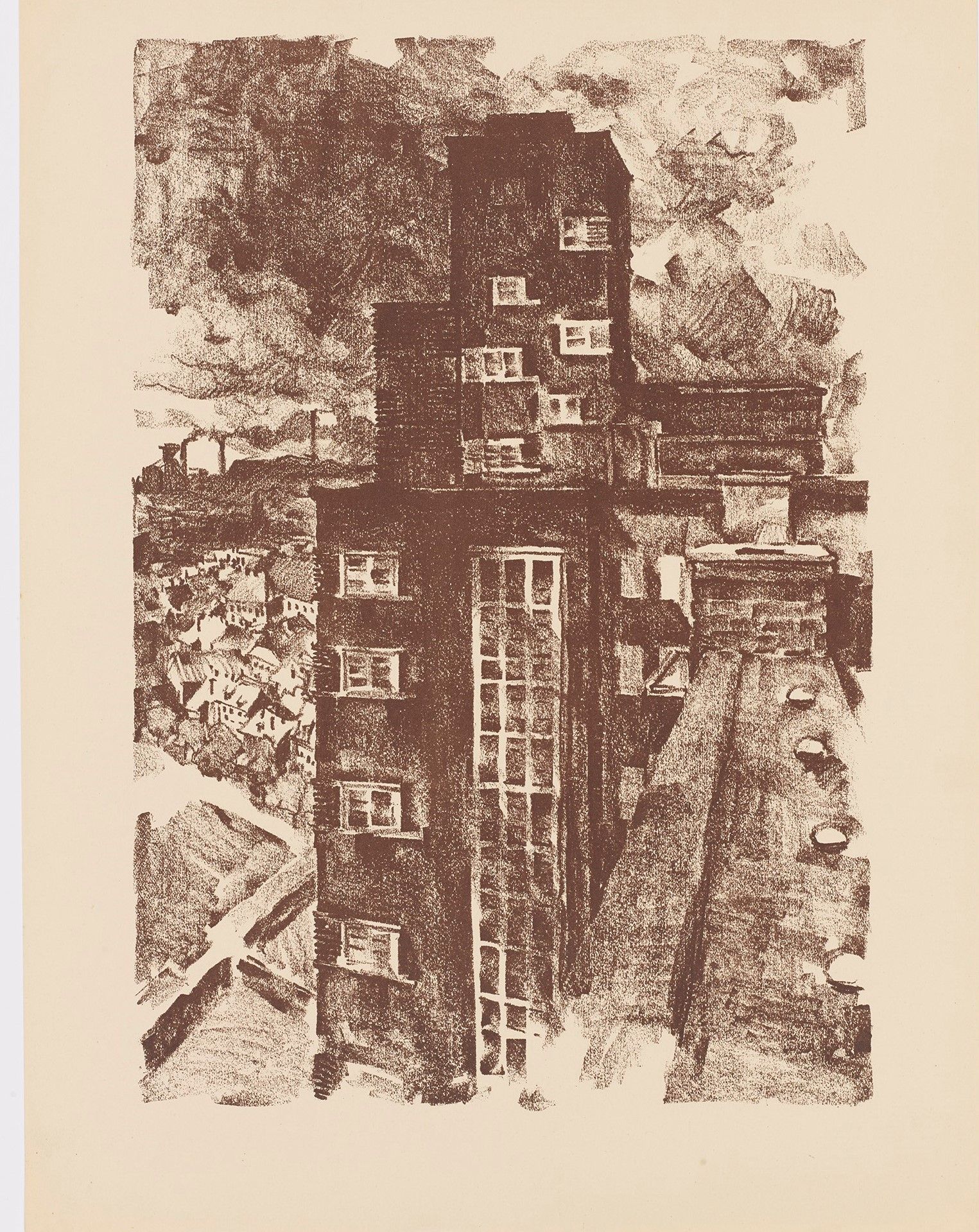 Zeichnung eines Hochhauses vom Dach eines anderen Gebäudes. 