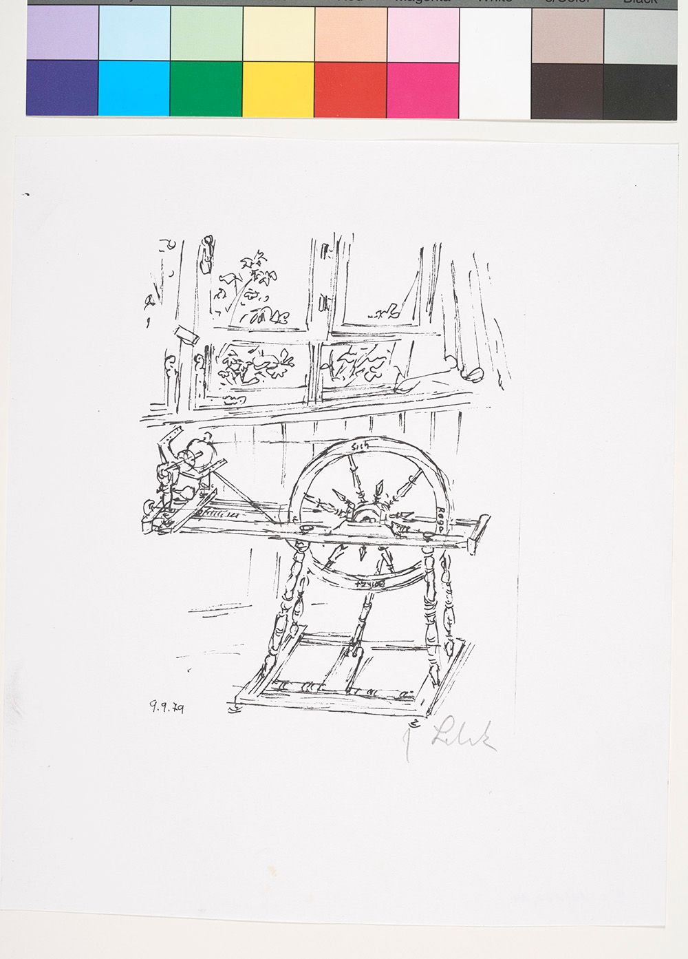 Skizze eines Spinnrads in einem Zimmer vor einem Fenster mit Gardinen.