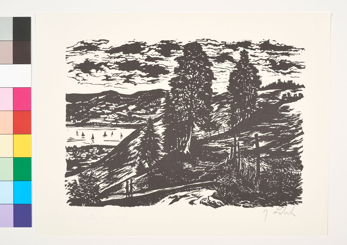 Blick von Baumbestandenen Bergen auf einen See mit Booten unter einem stark bewölkten Himmel.