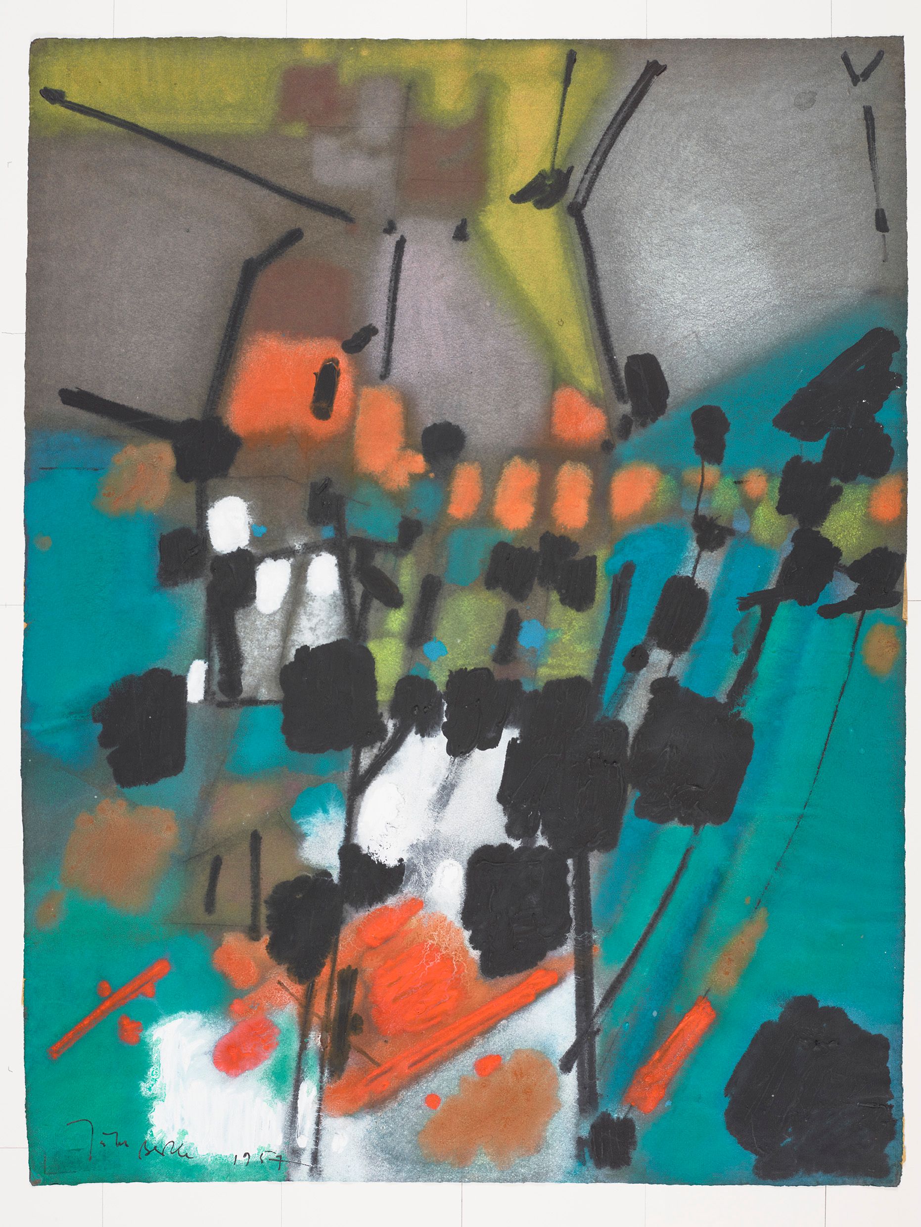 Abstraktes Bildmotiv mit geometrischen Farbfiguren auf blauem und gelbem Hintergrund. Vierecke in unterschiedlichen Größen und Striche sind verteilt im Bild.