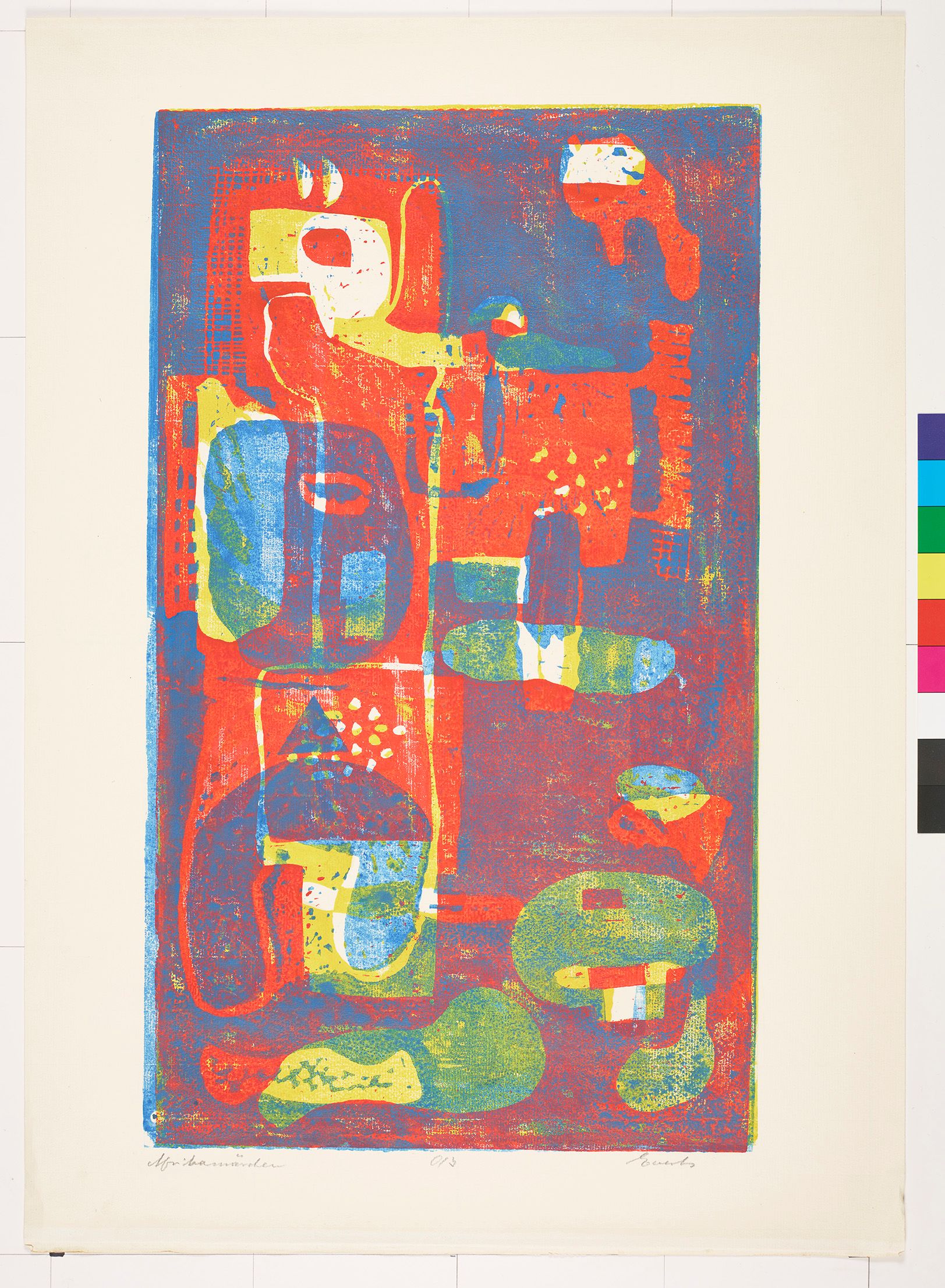 Abstraktes Bildmotiv. Geometrische Farbfiguren auf rotem Untergrund (Formen: Viereck, unebene Kreise, abgerundete Dreiecke), (Farben: rot, blau, grün, gelb).