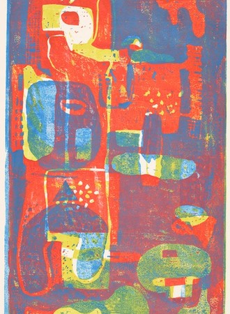 Abstraktes Bildmotiv. Geometrische Farbfiguren auf rotem Untergrund (Formen: Viereck, unebene Kreise, abgerundete Dreiecke), (Farben: rot, blau, grün, gelb).