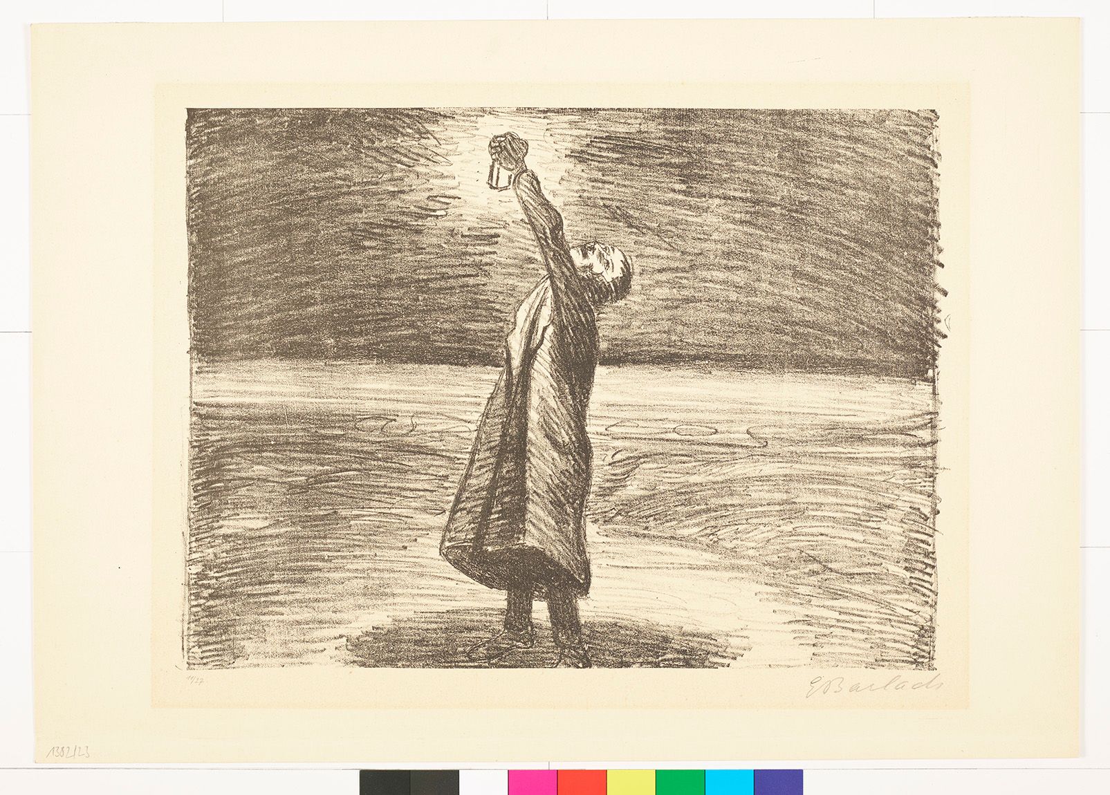 Skizze. Ein Mann, der eine Laterne hochhält. 