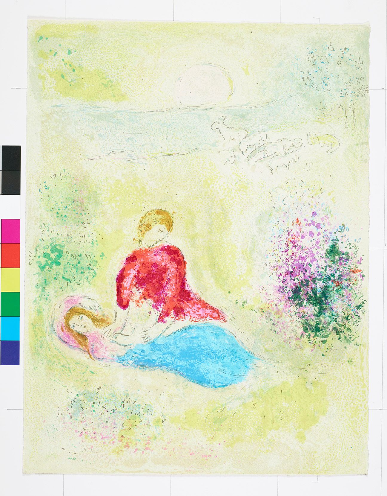 Abstraktes Bildmotiv. Zwei Personen mit einer Taube auf der Wiese. Die liegende Frau trägt einen rosa Hut und ein blaues Kleid. Der sitzende Mann trägt ein rotes Hemd.