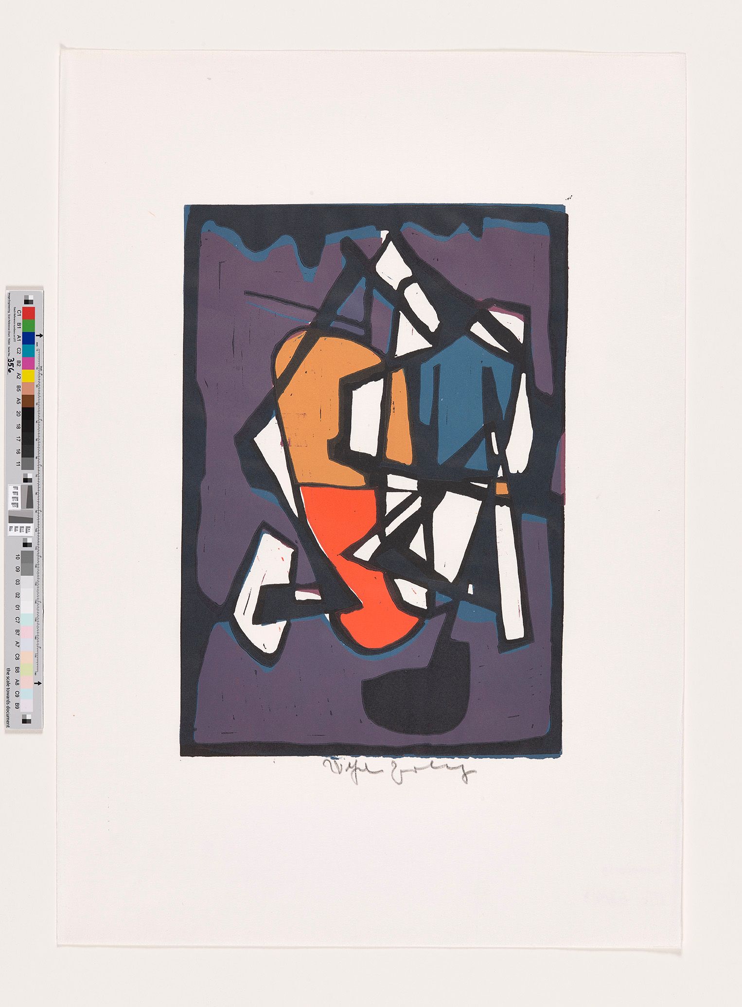 Abstrakte Komposition von schwarzumrahmten orangen, roten und petrolblauen Feldern vor einem violetten Hintergrund