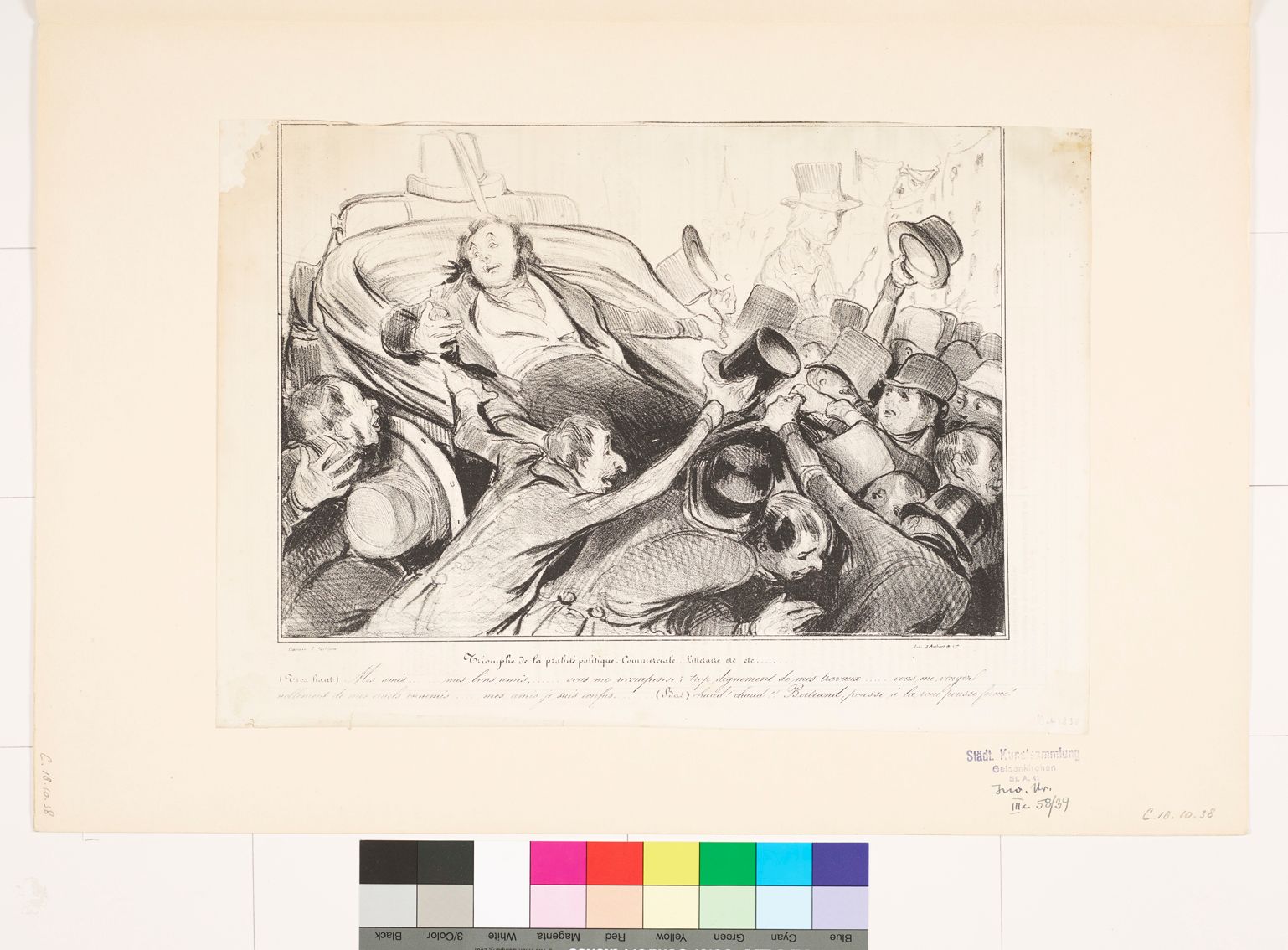 Zeichnung. Mann in einer Kutsche und eine jubelnde Menschenmenge. Die Menschenmenge besteht nur aus Männern, die Zylinder aufhaben und sich um die Kutsche herum drängen. 