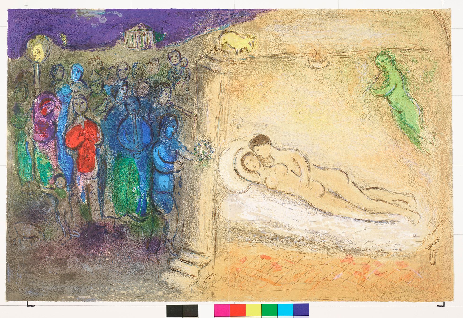 Abstraktes Bildmotiv. Das Bild ist senkrecht in zwei Hälften geteilt. Auf der linken Bildhälfte steht eine Menschenmenge vor einer Haustür. Auf der rechten Bildhälfte wird das innere des Hauses gezeigt. Eine Frau und ein Mann liegen nackt im Bett.