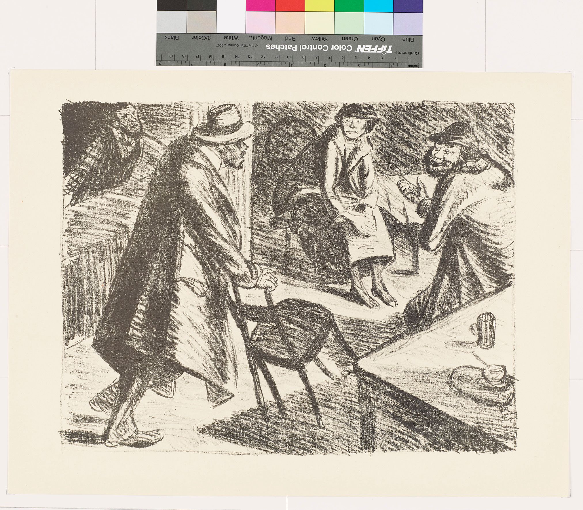 Skizze von vier Personen in einer Kneipe. Links steht ein Mann hinter dem Tresen. Ein anderer Mann zieht ein Stuhl zu den sitzenden Personen.