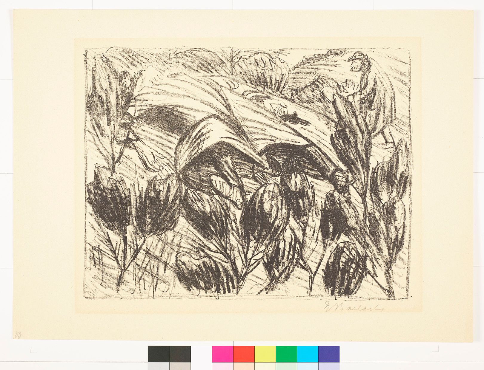 Abstrakte Skizze mit Pflanzen im Vordergrund. Ein Mann liegt mit einer Pistole auf einem Hügel. Im Hintergrund läuft ein anderer Mann.