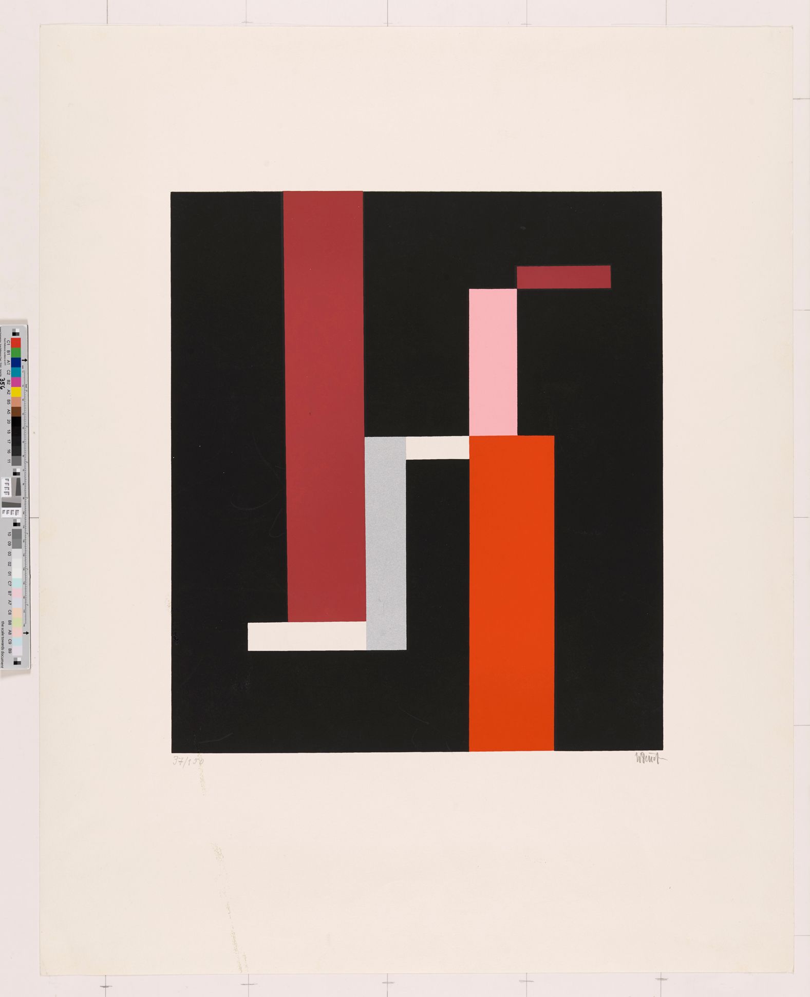 Abstraktes Bildmotiv. Bunte Rechtecke stufenartig angeordnet auf schwarzem Untergrund (Farben: orange, weiß, rosa, hellblau, magenta).