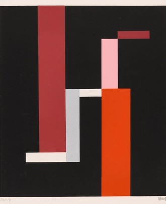 Abstraktes Bildmotiv. Bunte Rechtecke stufenartig angeordnet auf schwarzem Untergrund (Farben: orange, weiß, rosa, hellblau, magenta).