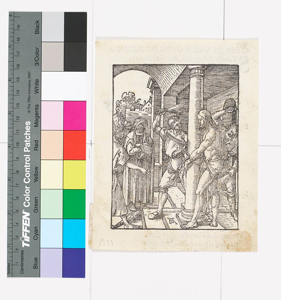 Kupferstich. Geißelung Christi. Christus ist halbnackt an eine Säule gefesselt und wird von zwei Männern ausgepeitscht.