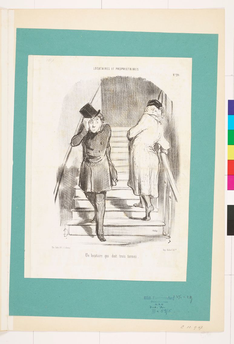 Zeichnung. Zwei Männer die eine Treppe auf- und absteigen.