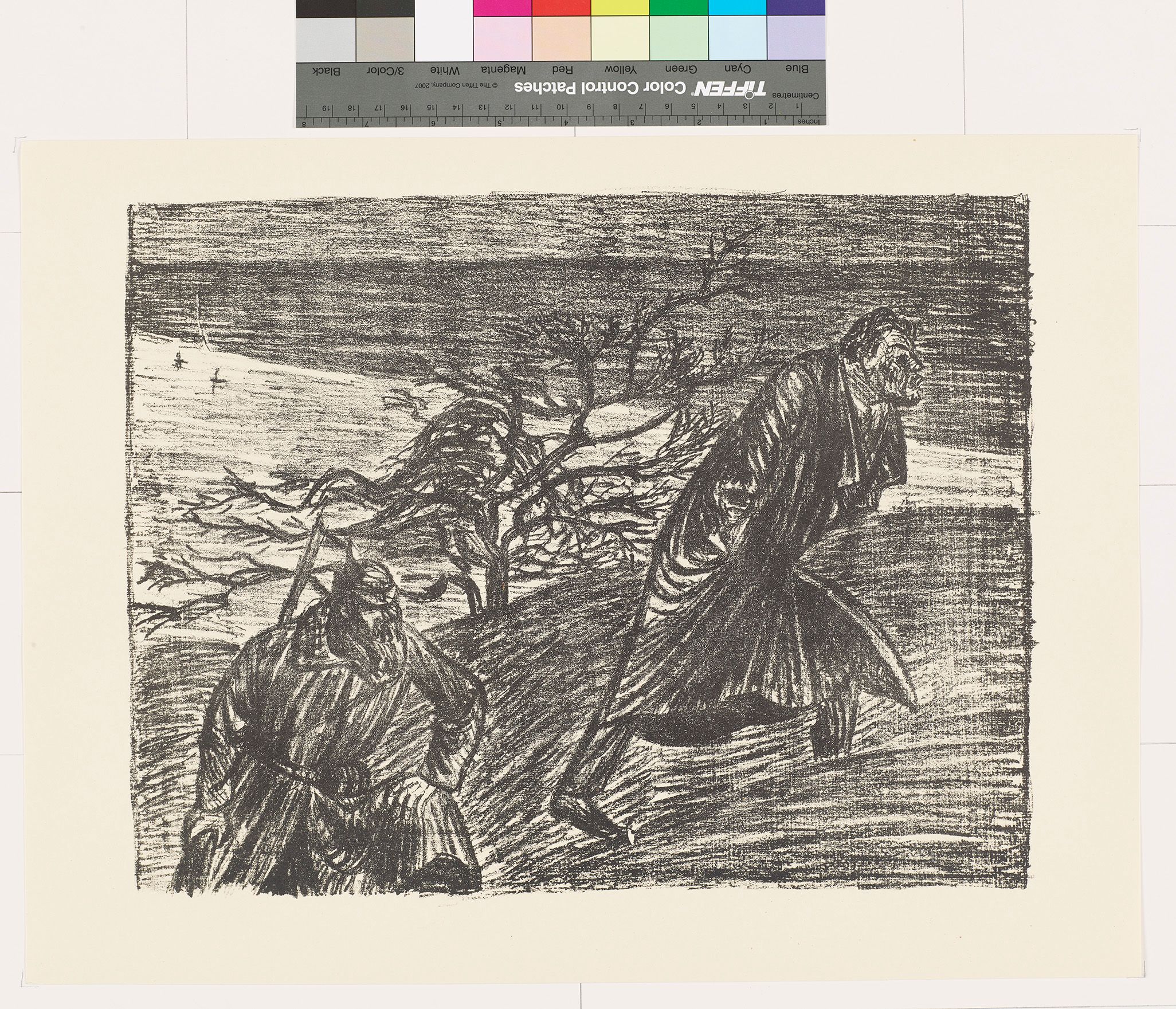 Skizze. Zwei Männer laufen einen Berg hoch. Der linke Mann trägt ein Helm und ein Gewehr.