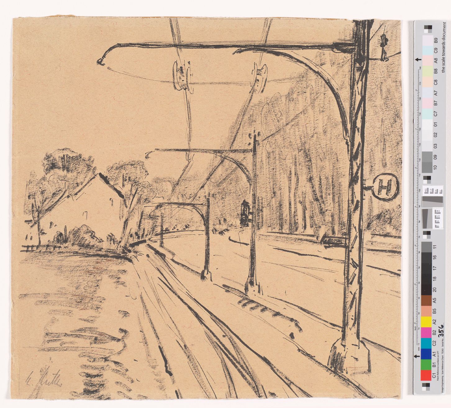 Zeichnung von Zuggleisen und Häusern.