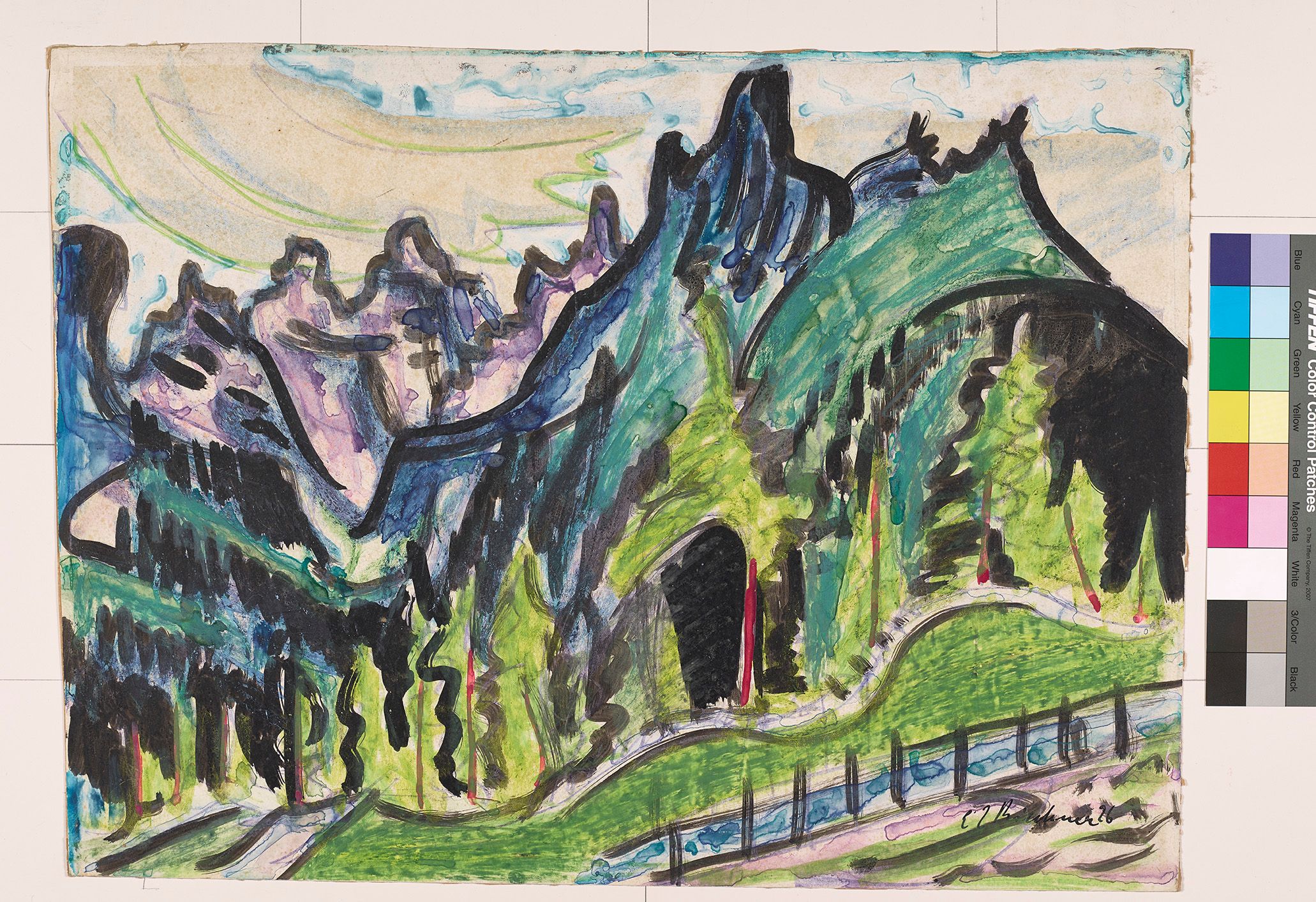 Abstrakte Landschaft. Bäume, Berge und ein Fluss.