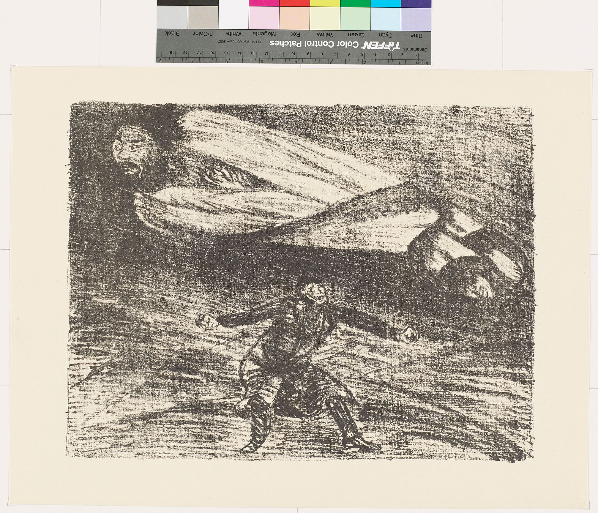 Skizze. Ein Mann fliegt über einen anderen Mann. Der Mann (am Boden) schaut erstaunt hoch.